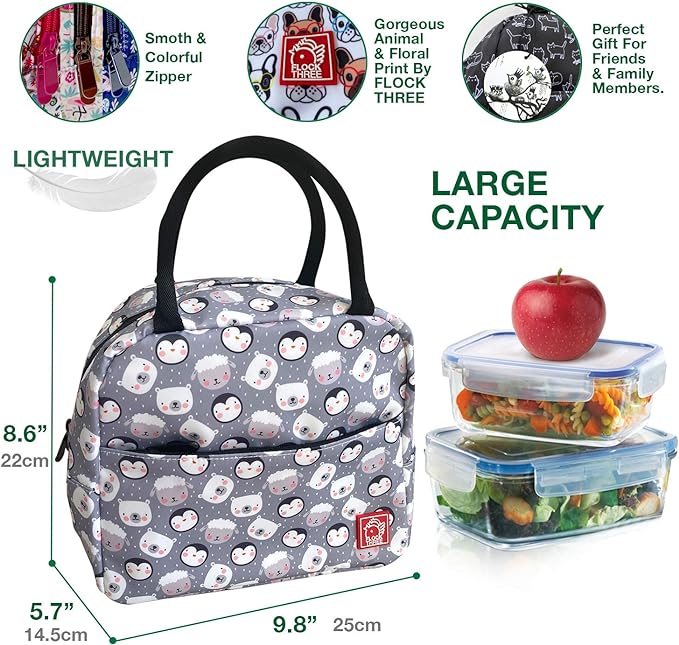 Waterproof Insulated Reusable Lunch Bag Food Drinks Container with Front Padded Pocket Double Zippers For Kids Men Women Work School Picnic